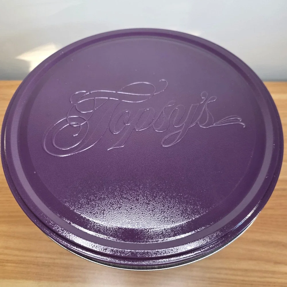 Topsys‎ Vtg Sports Collectible Popcorn Tin Purple Lid Football Skates Baseball